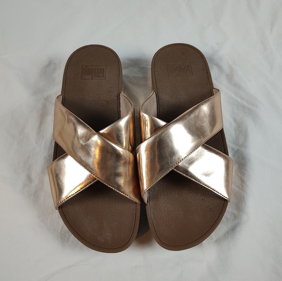 FitFlop Lulu Rose Gold Criss Cross Slide Sandals 8 - Picture 2 of 9